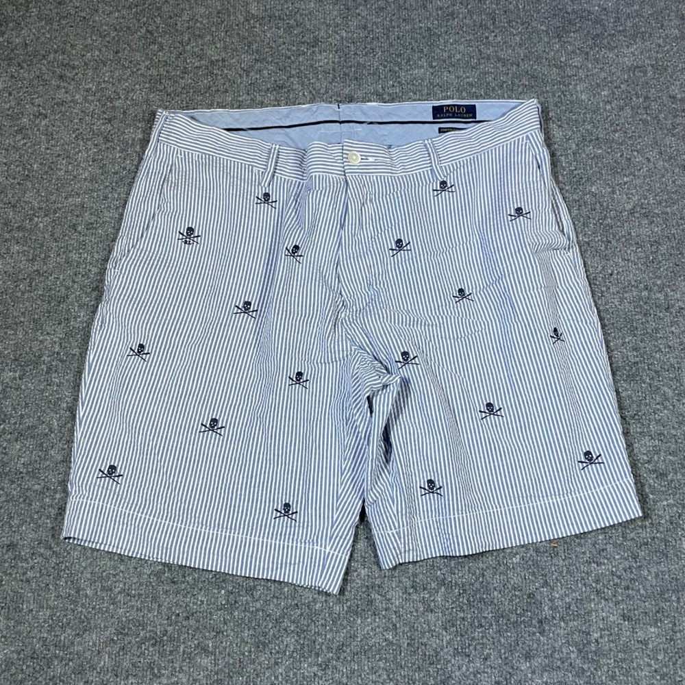Polo Ralph Lauren Shorts Men 36 Blue Striped Seersucker Skull Crossbones Stretch